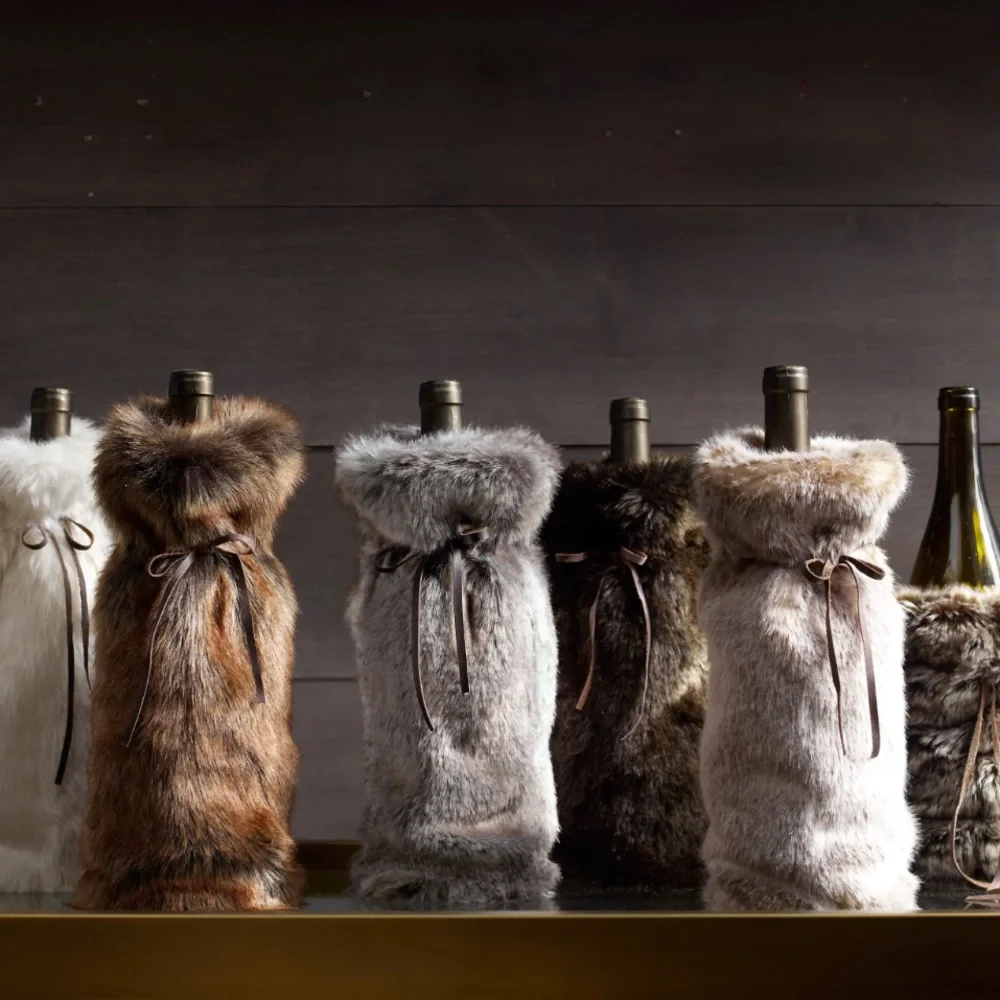RESTORATION HARDWARE LUXE FAUX FUR WINE BAG